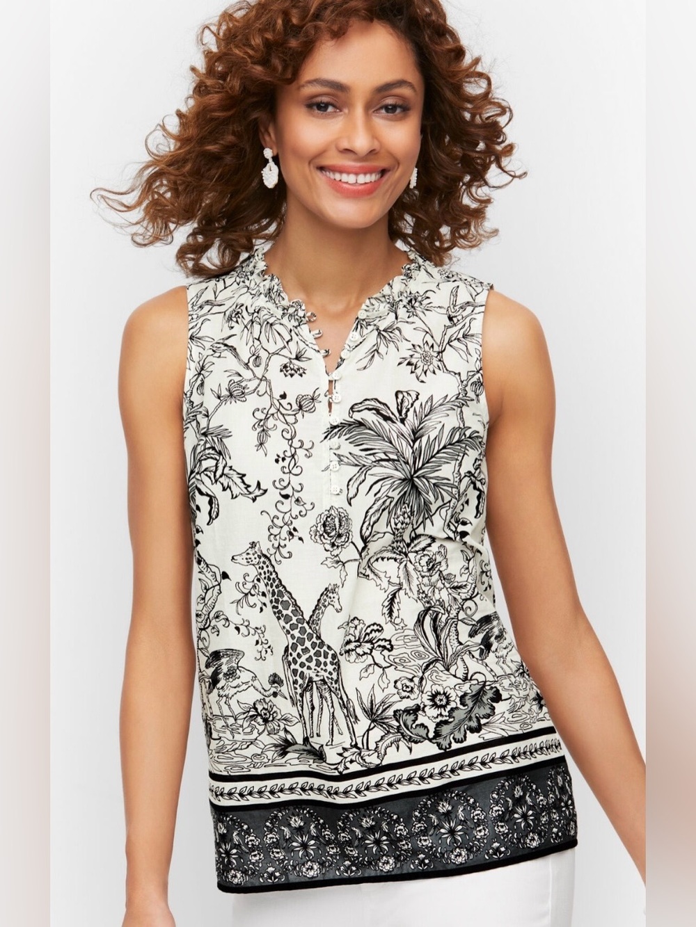 Talbots Safari Toile Print Black White Blouse Giraffe Jungle Tropical Top XLP